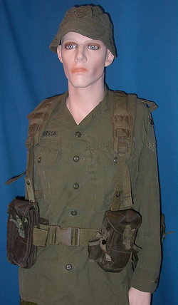 1982 Pattern Webbing. C7 pouch at right has two side pouches for the M67 Fragmentation Grenade.