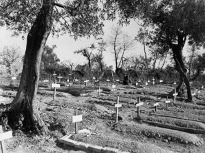 Graves of Loyal Edmonton Regiment soldiers who fell at Ortona. PAC photo.