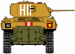 Ram tank showing the vehicle markings of the 5th Division, England, Sep 1942, based on a watercolour by W.A. Ogilvie.